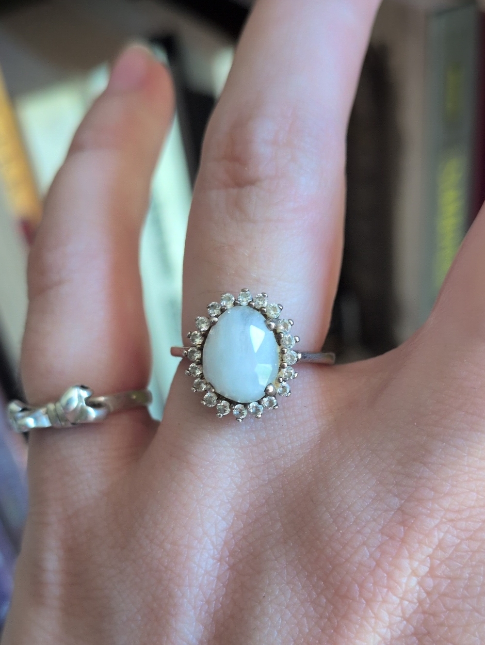 Sterling Silver Faceted Moonstone Halo Ring Sz 5